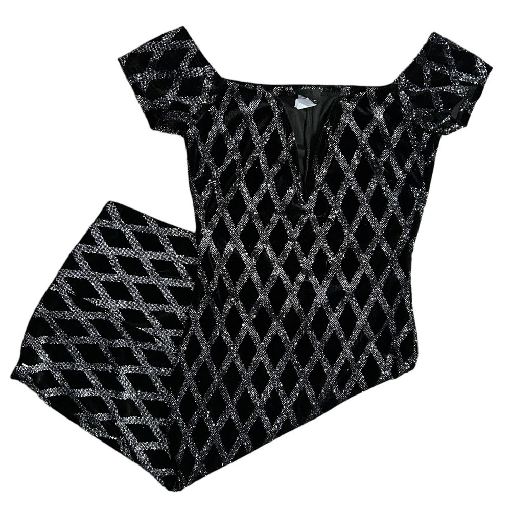 Black Velvet Silver Sparkle Geometric Off the Shoulder Dress